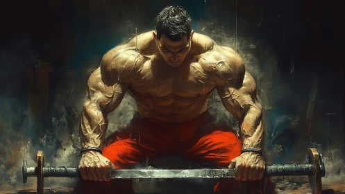 Muscular warrior grips sword in smoldering gym light.