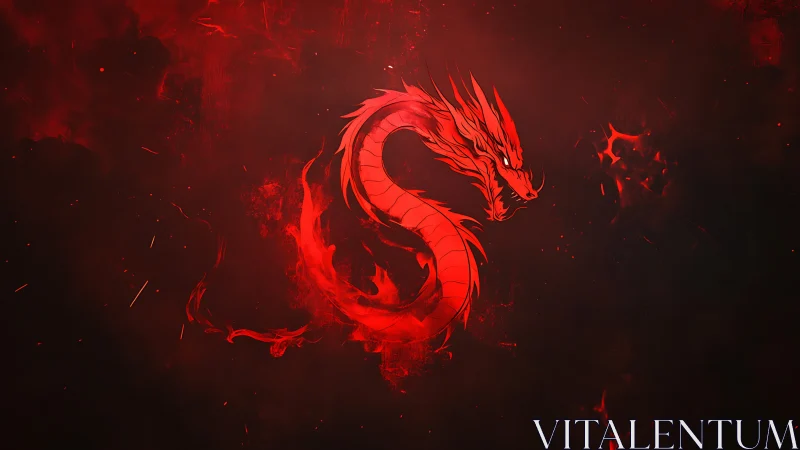 Crimson dragon coil swirling through sparks and shadowed flame.