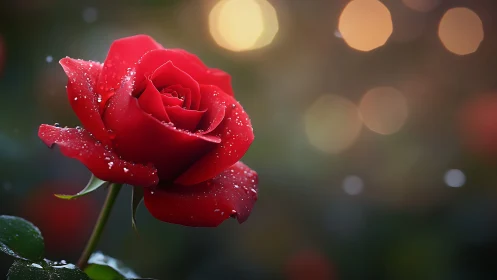 Radiant Red Rose Glistening with Morning Dewdrops