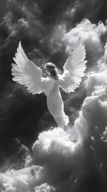 Winged figure in monochrome cloud and light environment