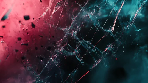 Close-up of cracked glass with neon pink and teal lighting, abstract style.