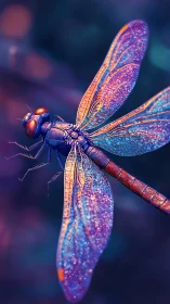 Close-up view of iridescent dragonfly on blurred backdrop.