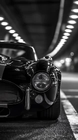 Classic sports car front view in monochrome tunnel scene.