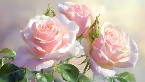 Soft-focus botanical rendering of pink roses in diffused natural light.