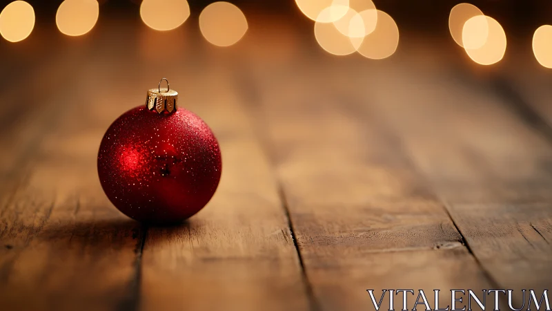 Red Christmas bauble rests on wooden surface with blurred lights