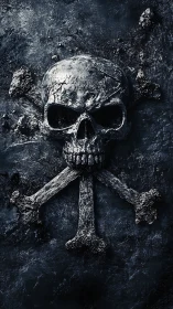 Weathered skull and crossbones rests in dark stone shadow