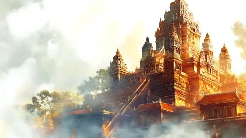 Sunlit stepped temple fortress rises through glowing mist.
