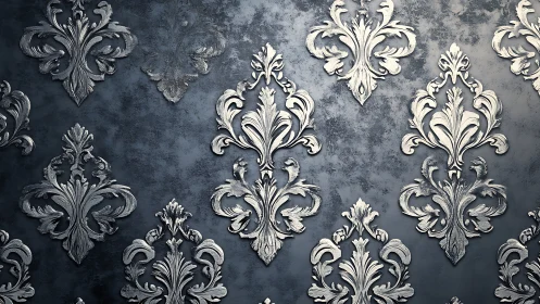 Embossed baroque damask pattern on textured metallic wall surface.