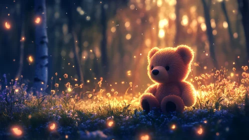 Teddy bear glows in a firefly-lit, enchanted forest dusk.