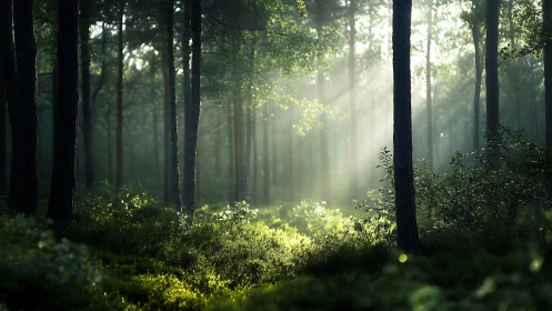 Sunlit Forest Corridor. Rays Pierce Misty Woods.