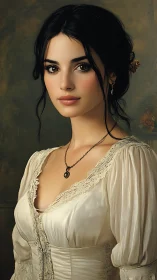 Elegant dark haired woman gazes softly in vintage portrait