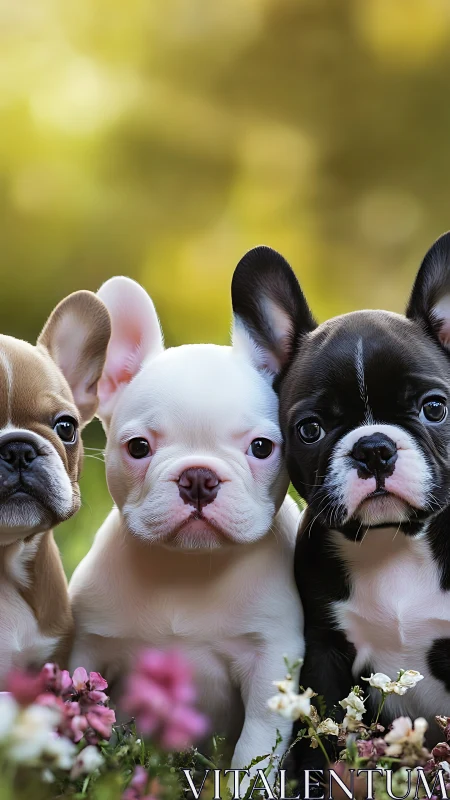 Tri-color French bulldog puppies in shallow-depth garden portrait