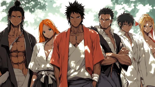 Stormlit samurai squad standing shoulder to shoulder in resolve.