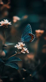 Blue butterfly on white wildflower in soft forest light.