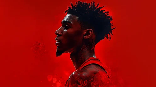 Profile portrait of tattooed athlete in intense red haze.