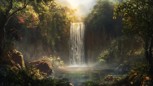 Sunlit waterfall sanctuary cradled by lush emerald forest.