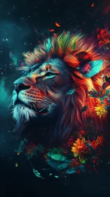 Majestic lion portrait glows within neon floral cosmos