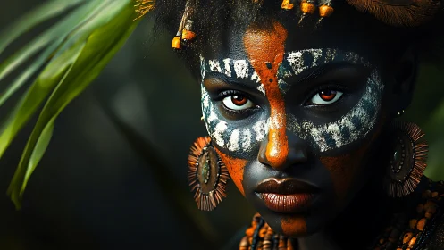 Portrait of woman with geometric face paint and adornments.