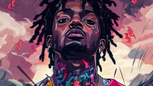 Skyward gaze crowns a neon-splashed portrait of resolve