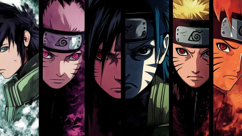 Intense split-panel portraits of five Naruto characters.