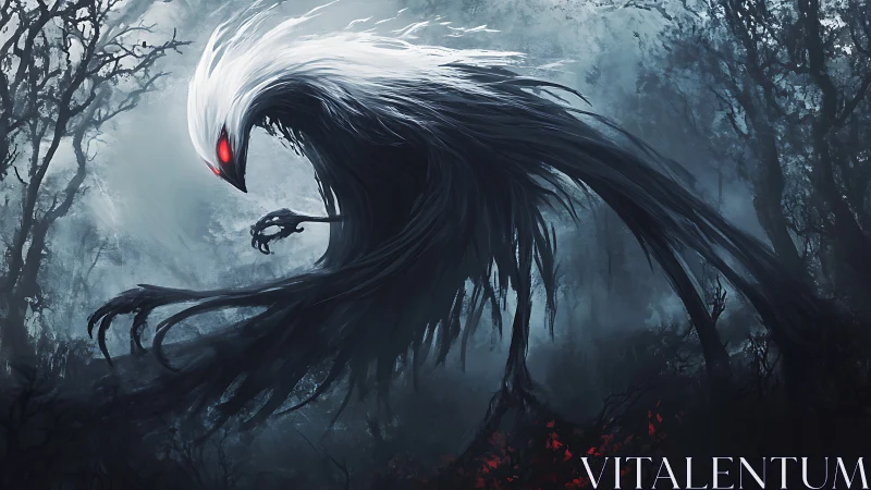 Dark forest wraith with glowing red eyes and white crest