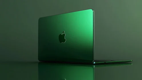 Sleek green laptop stands in reflective minimalist studio.