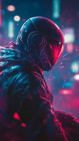Neon armored rider cuts silhouette through cyber haze.