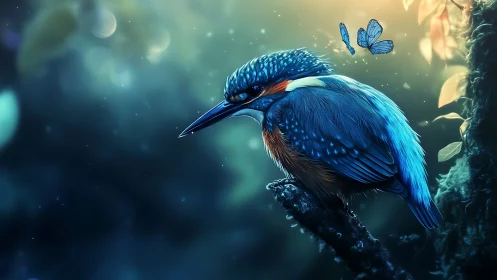 Vivid blue kingfisher and butterfly in dreamy digital art scene.