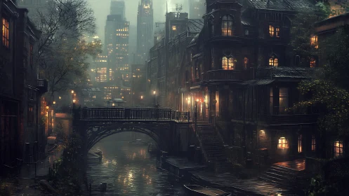 Noir canal street merges Victorian brickwork and misty high-rise cores