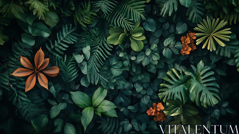 Lush tropical foliage forms a tranquil emerald tapestry
