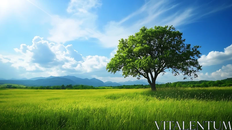 Lone green tree in sunlit meadow under vivid blue sky.