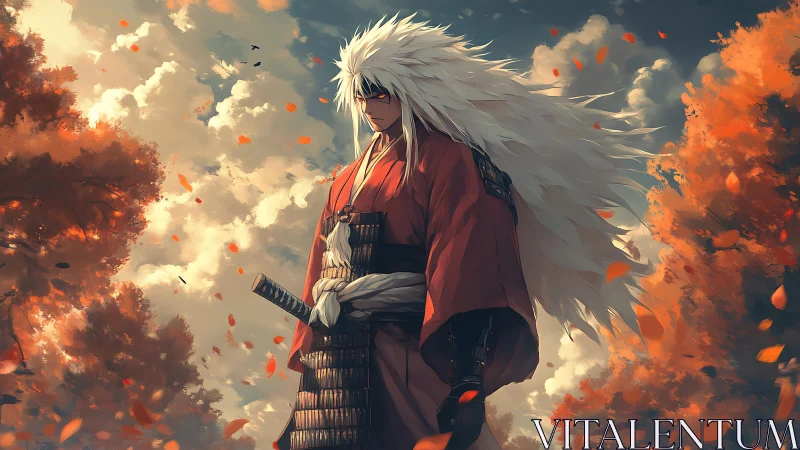 White haired samurai stands in autumn forest under cloudy sky