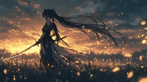 Backlit katana silhouette in ember strewn dusk meadow field.