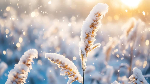 Backlit frosted grasses in shallow depth winter field study.