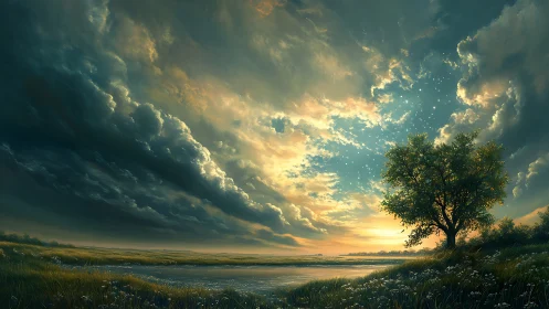 Luminous sunset sky over solitary riverside tree landscape.