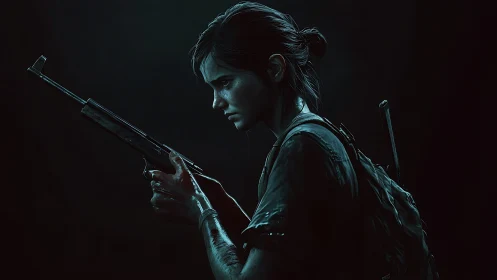 Steel-nerved survivor girl stalks shadows with worn rifle.