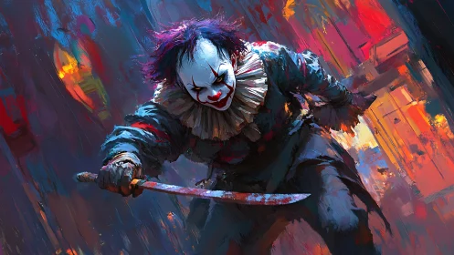 Blade-ready circus nightmare lunges through molten neon streets