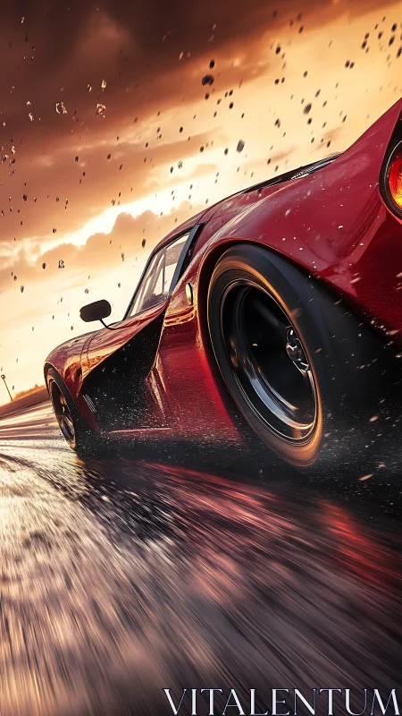 Red sports car drifting through rain on blazing highway.