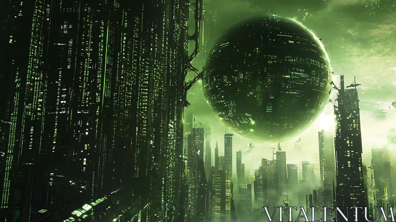 Green futuristic cityscape with massive hovering sphere structure.