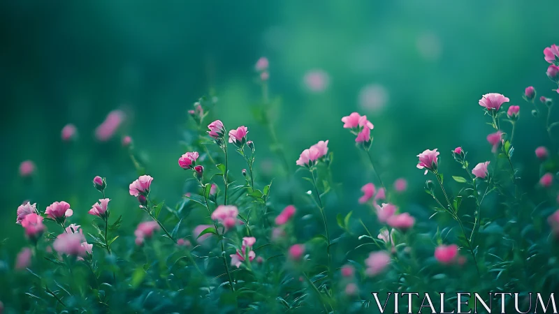 Whispering pink wildflowers drifting through teal morning haze.