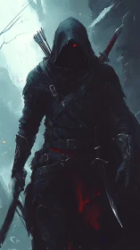 Hooded shadow assassin in chiaroscuro digital painting profile.