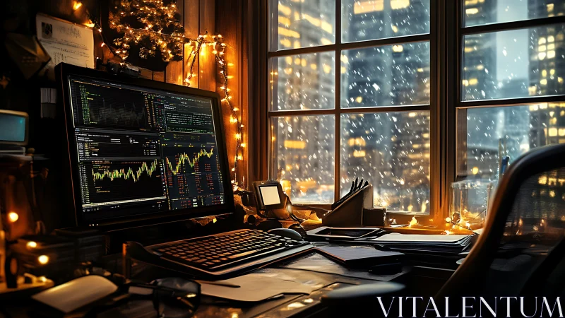 Cozy winter trading desk glowing against snowy city lights.
