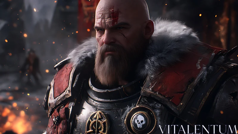 Armored bearded warrior in fur-trimmed red and steel cuirass.