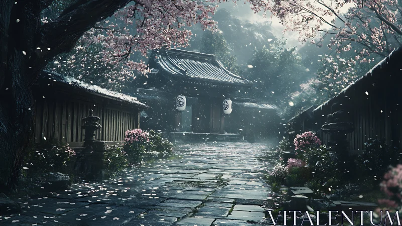 Stone path to traditional gate under cherry blossoms.