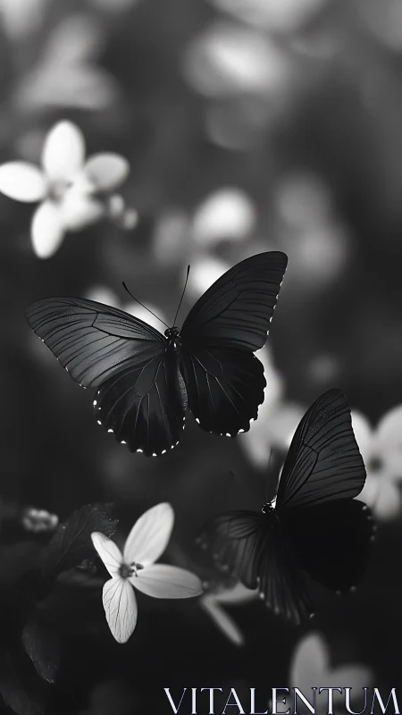 Monochrome macro study of two butterflies over soft bokeh field