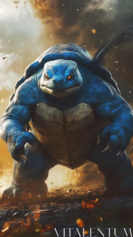 Storm-charged turtle titan strides through swirling embers.