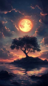 Lone island tree beneath a radiant crimson moonrise.