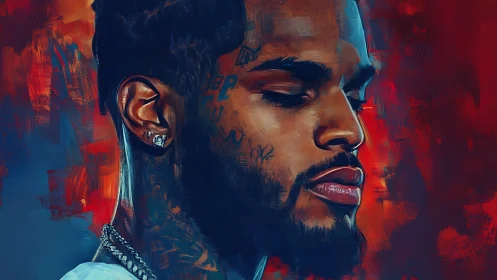 Pensive tattooed man rendered in vivid digital portrait