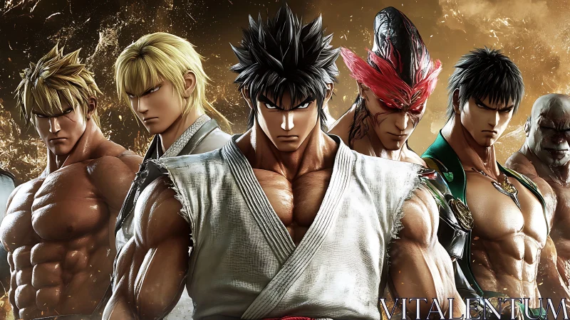 Fierce martial squad blazing through molten arena light.