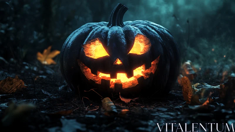 Brooding jack o’lantern with eerie forest backlight glow.